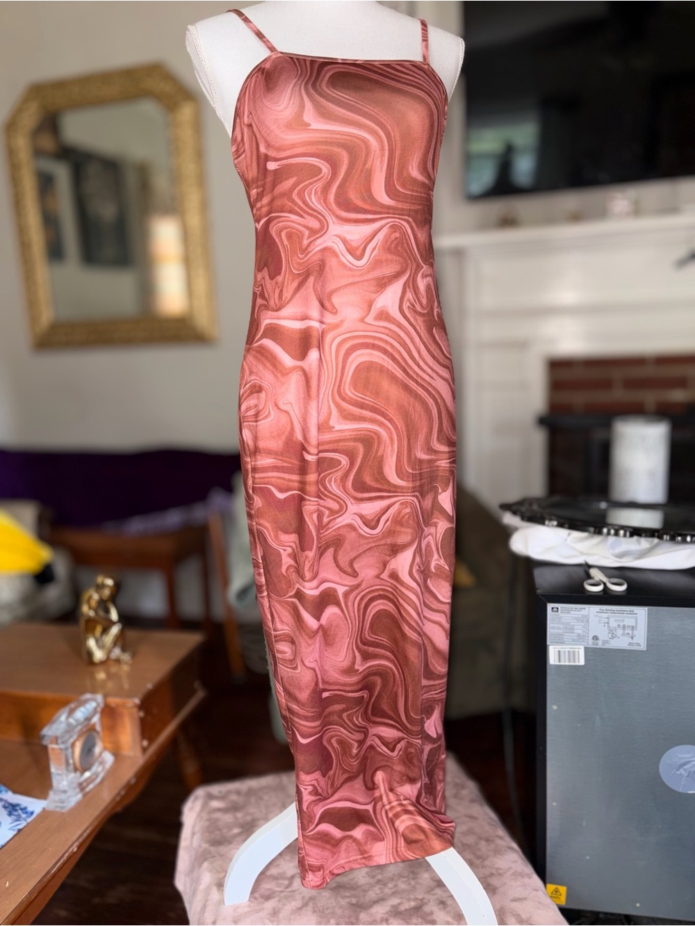 SHEIN marble print cami bodycon maxi dress in a brown and pink swirl pattern M